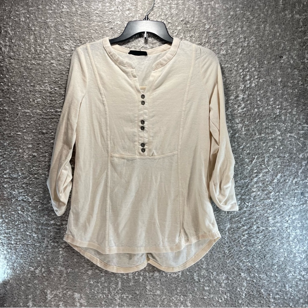 Jane & Delancey Waffle Knit Top Women's‎ Henley M Tan Beige Stretch Long Sleeve
